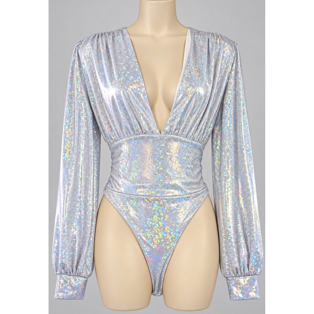 Silver Holographic Bodysuit M Plunge Disco Alien Rave Festival Halloween Costume